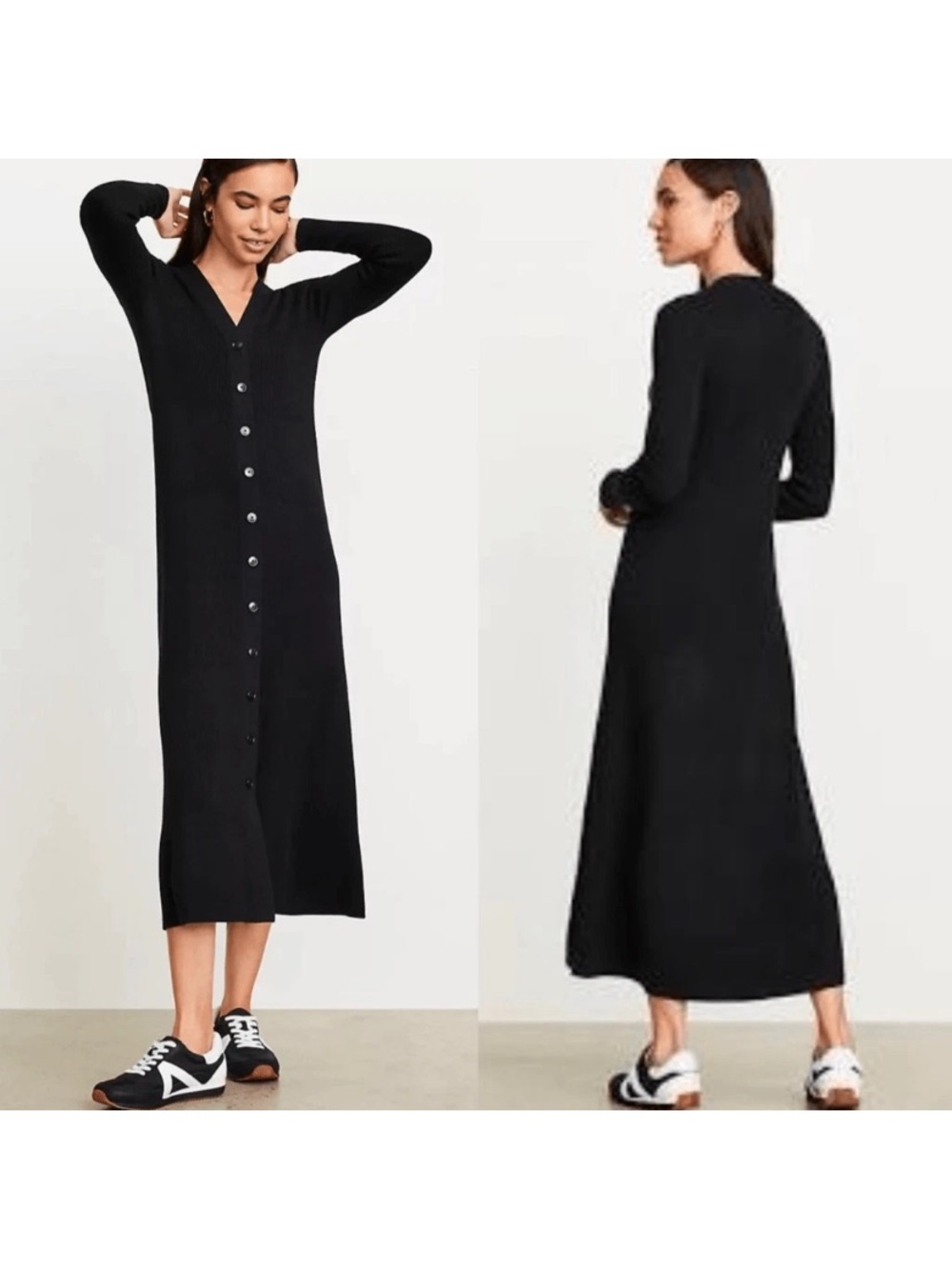 NWT LOFT Versa Black Ribbed Long Maxi Midi Long Sleeve Sweater Dress Size M